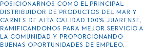 POSICIONARNOS COMO EL PRINCIPAL DISTRIBUIDOR DE PRODUCTOS DEL MAR Y CARNES DE ALTA CALIDAD 100% JUARENSE, RAMIFICANDONOS PARA MEJOR SERVICIO A LA COMUNIDAD Y PROPORCIONANDO BUENAS OPORTUNIDADES DE EMPLEO. 